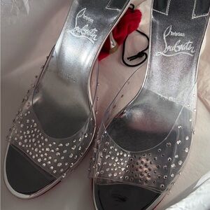 Christian Louboutin Silver Crystal-Embellished Clear Slingbacks